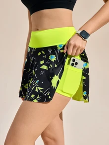 Exploreva Exploreva Contrast Color Waistband Printed Sports Skirt Shorts - Multicolor - View 7