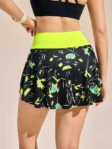 Exploreva Exploreva Contrast Color Waistband Printed Sports Skirt Shorts - Multicolor - View 3