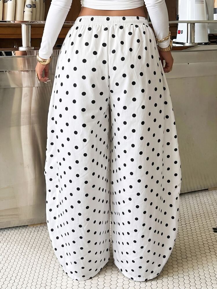 Muchica Plus-Size Women's White Polka Dot Pattern Casual Traditional 1920s Wide-Leg Lantern Pants Autumn Trousers With Belt Pocket Design Wedding Guest Formal - White - View 2