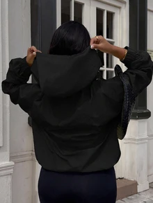 Muchica Plus Size Women Black Casual Half-Zip Drawstring Hooded Jacket, Autumn Hoodie Wind Breaker Jacket Aesthetic Fall - Black - View 2