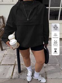 Muchica Plus Size Women Black Casual Half-Zip Drawstring Hooded Jacket, Autumn Hoodie Wind Breaker Jacket Aesthetic Fall - Black - View 6