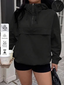 Muchica Plus Size Women Black Casual Half-Zip Drawstring Hooded Jacket, Autumn Hoodie Wind Breaker Jacket Aesthetic Fall - Black - View 3