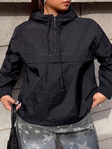 Muchica Plus Size Women Black Casual Half-Zip Drawstring Hooded Jacket, Autumn Hoodie Wind Breaker Jacket Aesthetic Fall - Black - View 4