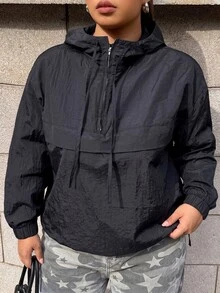 Muchica Plus Size Women Black Casual Half-Zip Drawstring Hooded Jacket, Autumn Hoodie Wind Breaker Jacket Aesthetic Fall - Black - View 5