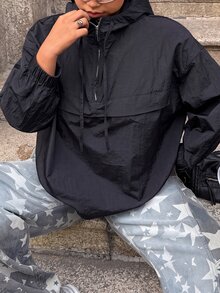 Muchica Plus Size Women Black Casual Half-Zip Drawstring Hooded Jacket, Autumn Hoodie Wind Breaker Jacket Aesthetic Fall - Black - View 7
