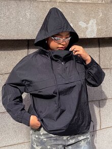 Muchica Plus Size Women Black Casual Half-Zip Drawstring Hooded Jacket, Autumn Hoodie Wind Breaker Jacket Aesthetic Fall - Black - View 9