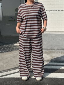 Muchica 大码女式条纹短袖上衣和阔腿裤休闲两件套 - 彩色 - 查看 5
