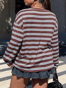 Muchica Plus Size Women Striped Round Neck Drop Shoulder Casual T-Shirt Fall - Multicolor - View 2