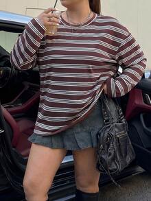 Muchica Plus Size Women Striped Round Neck Drop Shoulder Casual T-Shirt Fall - Multicolor - View 3
