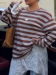 Muchica Plus Size Women Striped Round Neck Drop Shoulder Casual T-Shirt Fall - Multicolor - View 1