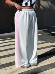 Muchica Plus Size Women Elastic Waist Side Stripe Wide Leg Loose Casual Pants Fall - White - View 5