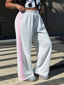Muchica Plus Size Women Elastic Waist Side Stripe Wide Leg Loose Casual Pants Fall - White - View 7