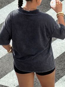 Muchica 大尺碼女款純色短袖休閒復古 Polo 領 T 恤 機場正式風 灰色 夏季 - 黑色 - 查看 3