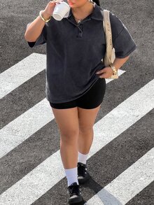Muchica 大尺碼女款純色短袖休閒復古 Polo 領 T 恤 機場正式風 灰色 夏季 - 黑色 - 查看 6