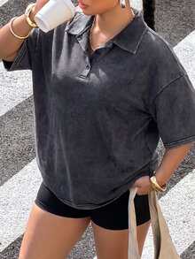 Muchica 大尺碼女款純色短袖休閒復古 Polo 領 T 恤 機場正式風 灰色 夏季 - 黑色 - 查看 5