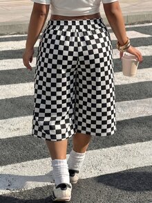Muchica 大尺碼夏季休閒街頭風格紋印花短褲 正式黑白商務度假款 - 黑與白 - 查看 2