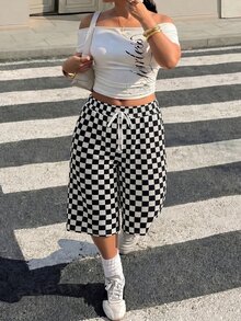 Muchica 大尺碼夏季休閒街頭風格紋印花短褲 正式黑白商務度假款 - 黑與白 - 查看 5