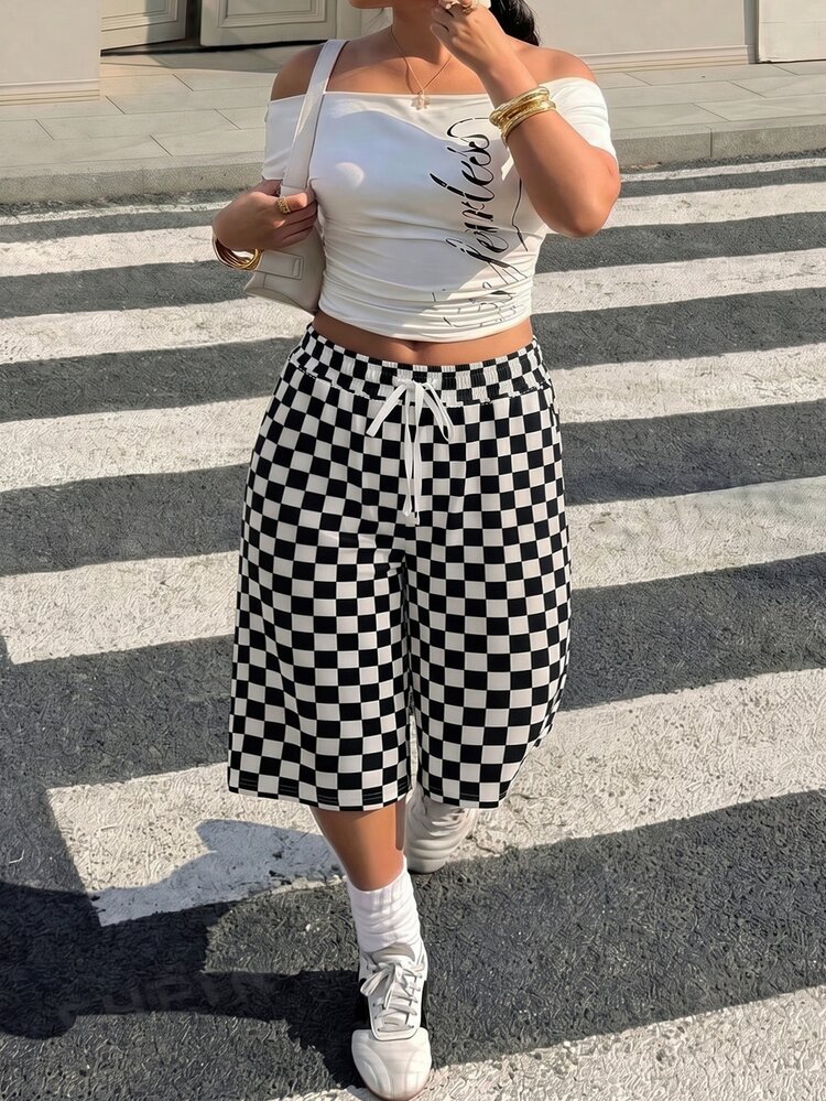 Muchica Plus Size Summer Casual Streetwear Checkered Print Shorts Formal Black And White Business Vacation - Black and White - View 5