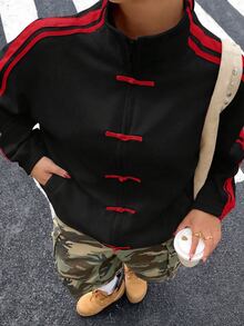 Muchica Jaket Ringan Bergaris Blok Warna Kasual Musim Semi/Gugur untuk Wanita Ukuran Plus - Hitam - View 1