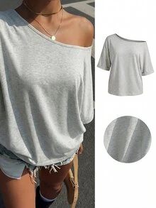 Muchica Kaos Kasual Modis Wanita Ukuran Besar Warna Abu-abu Muda dengan Bahu Asimetris - Light Grey - View 2