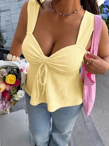 Muchica Blusa sin mangas con nudo delantero en color amarillo mostaza para mujer talla grande - amarillo ganso - Ver 7