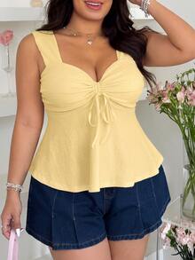 Muchica Blusa sin mangas con nudo delantero en color amarillo mostaza para mujer talla grande - amarillo ganso - Ver 4