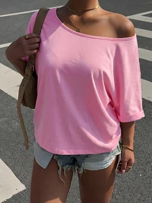 Muchica Plus Size Women's Solid Color Asymmetrical Shoulder Casual Versatile Daily Wear T-Shirt - Pink - View 3
