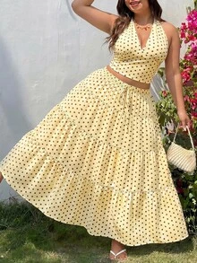 Muchica Plus Size Women's Yellow Polka Dot Print Ruffle Hem Skirt - Pale Yellow - View 4