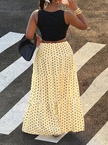 Muchica Plus Size Women's Yellow Polka Dot Print Ruffle Hem Skirt - Pale Yellow - View 3