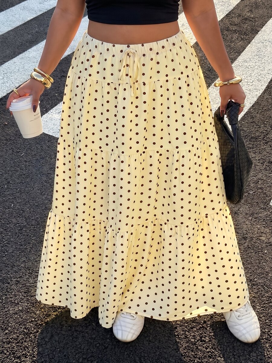 Muchica Plus Size Women's Yellow Polka Dot Print Ruffle Hem Skirt