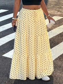 Muchica Plus Size Women's Yellow Polka Dot Print Ruffle Hem Skirt - Pale Yellow - View 7