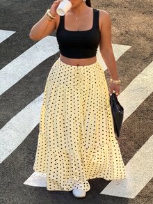 Muchica Plus Size Women's Yellow Polka Dot Print Ruffle Hem Skirt - Pale Yellow - View 6