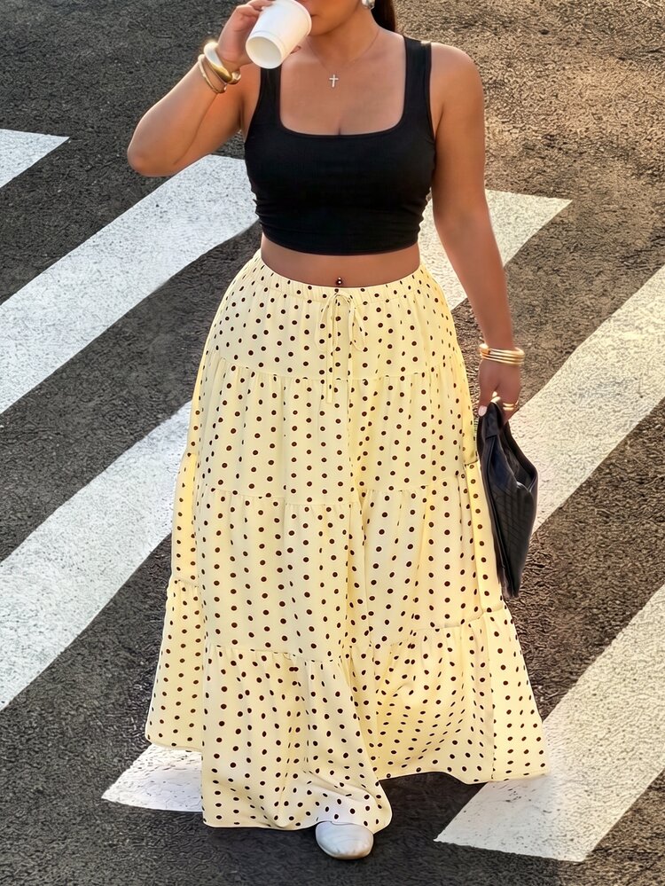Muchica Falda de mujer talla grande con estampado de lunares amarillos y bajo con volantes - amarillo ganso - Añade 5