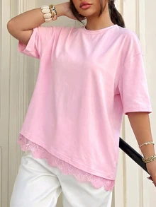 Muchica Plus Size Women Sweet Lace Patchwork Hem Round Neck Short Sleeve T-Shirt - Pink - View 5