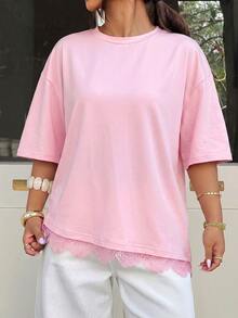 Muchica Plus Size Women Sweet Lace Patchwork Hem Round Neck Short Sleeve T-Shirt - Pink - View 3