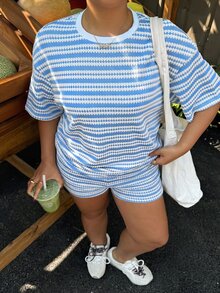 Muchica Plus Size Summer Casual Western Traditional Blue And White Round Neck Drop Shoulder Short Sleeve T-Shirt And Shorts 2 Pieces Set Brunch Formal Vacation - Blue - View 1