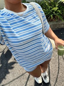 Muchica Plus Size Summer Casual Western Traditional Blue And White Round Neck Drop Shoulder Short Sleeve T-Shirt And Shorts 2 Pieces Set Brunch Formal Vacation - Blue - View 5