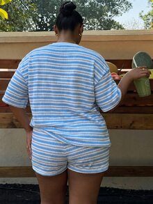 Muchica Plus Size Summer Casual Western Traditional Blue And White Round Neck Drop Shoulder Short Sleeve T-Shirt And Shorts 2 Pieces Set Brunch Formal Vacation - Blue - View 2