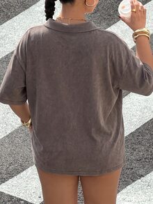 Muchica 大尺碼女款純色落肩鈕扣前襟寬鬆T恤 機場正式風 灰色 夏季休閒復古 - 巧克力棕 - 查看 2