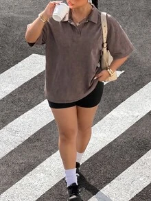 Muchica 大尺碼女款純色落肩鈕扣前襟寬鬆T恤 機場正式風 灰色 夏季休閒復古 - 巧克力棕 - 查看 3
