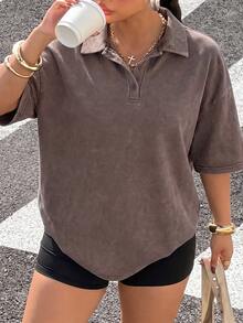Muchica 大尺碼女款純色落肩鈕扣前襟寬鬆T恤 機場正式風 灰色 夏季休閒復古 - 巧克力棕 - 查看 6