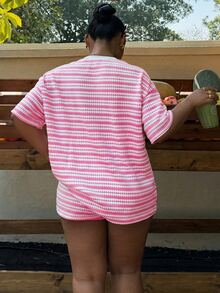 Muchica Plus Size Contrast Color Striped Print Round Neck Short Sleeve Top And Shorts Casual 2 Pieces Set Brunch Formal Vacation Pink Summer - Baby Pink - View 2