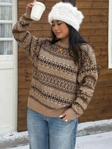 Muchica Plus Size Women Casual Jacquard Knit Sweater, Camel Color, Autumn/Winter - Camel - View 7