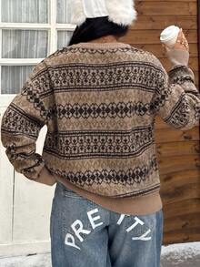 Muchica Plus Size Women Casual Jacquard Knit Sweater, Camel Color, Autumn/Winter - Camel - View 3
