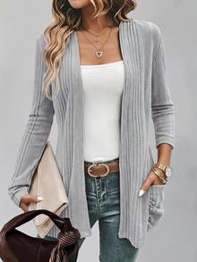 EMERY ROSE 1pc Dual Pocket Open Front Ribbed Knit Coat In Fall/Winter - Grey - View 1