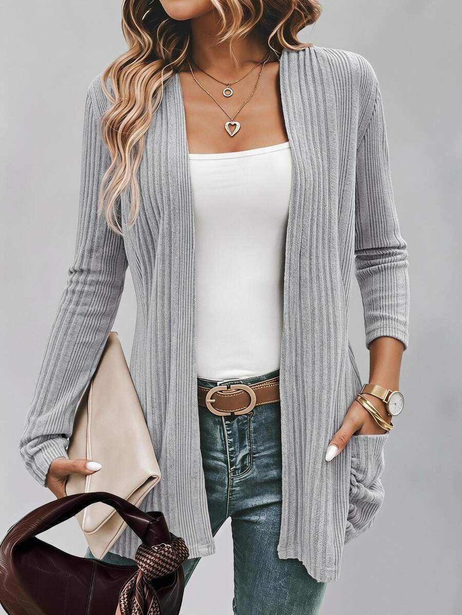 EMERY ROSE 1pc Dual Pocket Open Front Ribbed Knit Coat In Fall/Winter - Grey - View 1