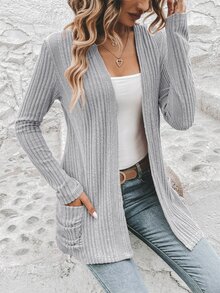 EMERY ROSE 1pc Dual Pocket Open Front Ribbed Knit Coat In Fall/Winter - Grey - View 4