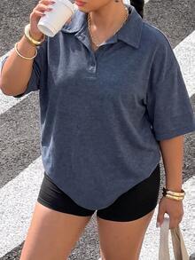 Muchica Plus Size Solid Color Dropped Shoulder Short Sleeve Half-Zip Casual Loose Versatile T-Shirt - Navy Blue - View 1