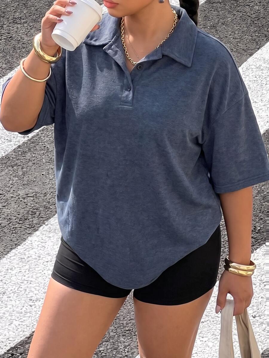 Muchica Plus Size Solid Color Dropped Shoulder Short Sleeve Half-Zip Casual Loose Versatile T-Shirt - Navy Blue - View 1