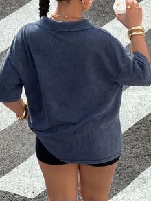 Muchica Plus Size Solid Color Dropped Shoulder Short Sleeve Half-Zip Casual Loose Versatile T-Shirt - Navy Blue - View 2